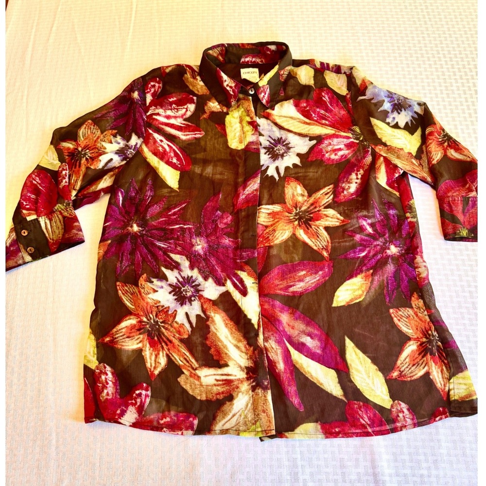 Chico's Floral Sheer Boho Button Down Blouse Brown Magenta Orange Size 3 XL